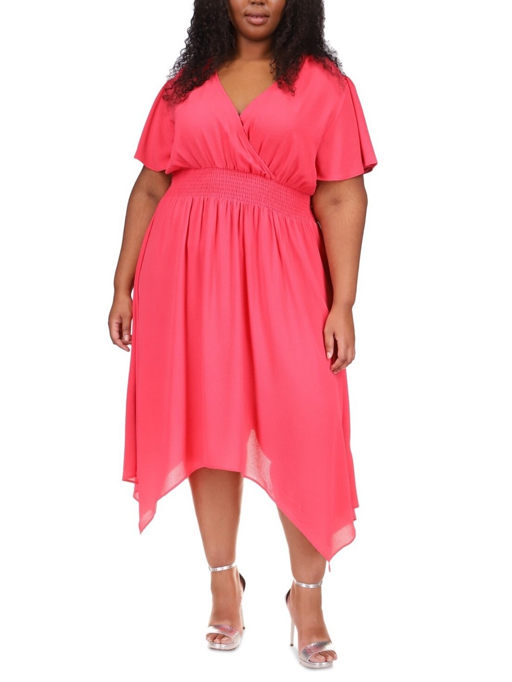 Michael Michael Kors Handkerchief Hem V-Neck Smocked Waist Pink Coral Size 2X